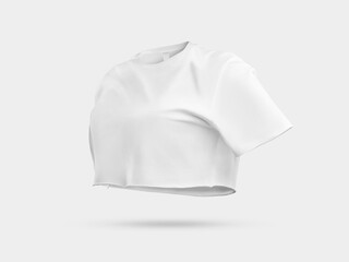 White t-shirt mockup, 3D rendering front, side view, stylish crop top, isolated on background.