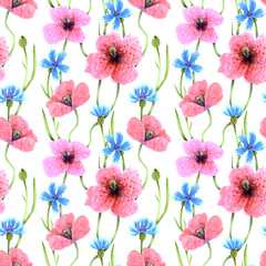 Seamless pattern of hand drawn poppy flowers and blue cornflowers. Drawn by markers illustration. Botanical hand painted floral elements on white background.