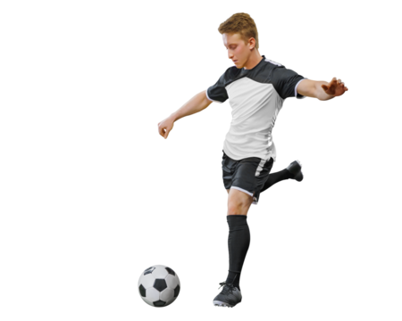 soccer player in football kick the ball isolated on white background. Sport concept.