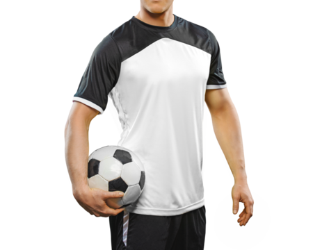 soccer player holding ball and looking at camera Isolated On free PNG Background.