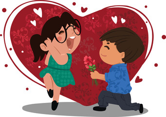 Valentine's day concept banner with couples, gift box, flowers and a lot of hearts.