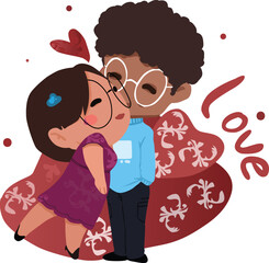 Valentine's day concept banner with couples, gift box, flowers and a lot of hearts.