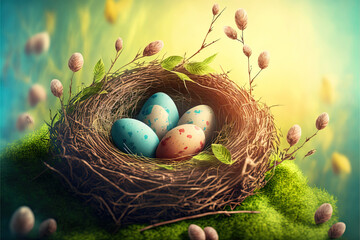 Easter background with eggs in grass, Generative AI
