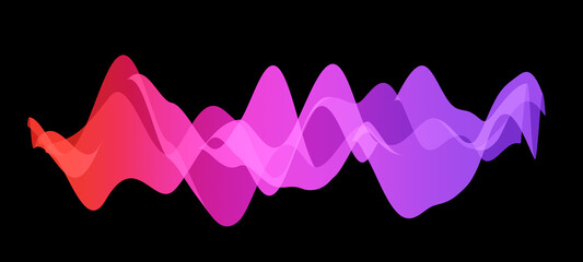 Abstract wallpaper with acoustic waveform or sound waves isolated on black background with red, pink and purple gradient colors