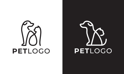 dog and cat logo design. pet care white linear style concept element symbol vector illustration.