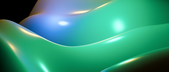 Abstract green and blue shiny glossy jelly like surface with copy space for text, motion fluid wave background, smooth gradient backdrop