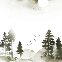 Watercolor vector template with coniferous forest and mountains in brown colors. Vector silhouette of trees. Hand drawn frame with place for text or illustration