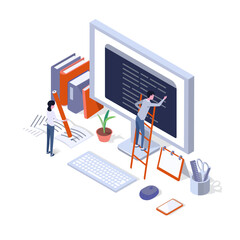 a isometric illustration of PC and human	