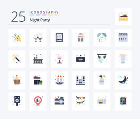 Fototapeta na wymiar Night Party 25 Flat Color icon pack including calendar. night. box. celebration. party