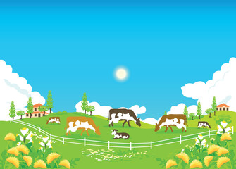 Obraz na płótnie Canvas A herd of cows is grazing in the pasture. Summer in the village. Vector illustration of a farm with cows in a flat style.