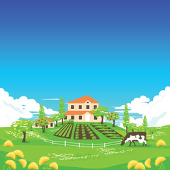 farmhouse with a garden, a kitchen garden, a white hedge and a grazing cow. Summer in the village. Vector illustration in a flat style.
