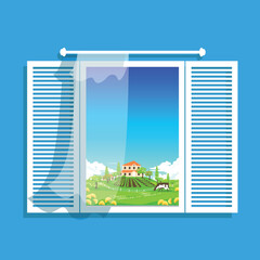 Rural landscape outside the window. Vector illustration of an open window overlooking a farmhouse with a garden and a cow grazing on the lawn.