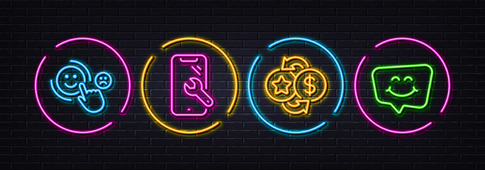 Smartphone repair, Loyalty points and Customer satisfaction minimal line icons. Neon laser 3d lights. Smile chat icons. For web, application, printing. Vector