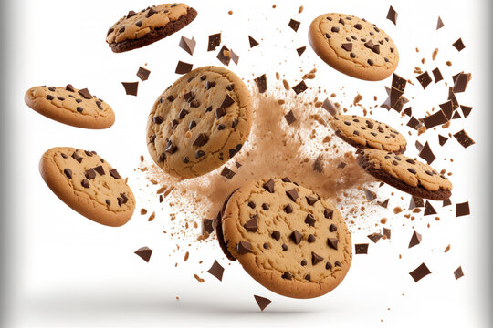 Flying chocolate chip cookies on a white background with chocolate chunks. image with high resolution. Generative AI