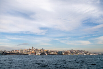 Fototapeta na wymiar Passenger Boats In Istanbul Turkey passing though Bosphorus