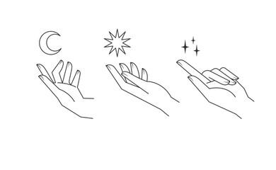 Aesthetic hands vector linear illustrations. Stylized elegant hand drawings with different gestures.