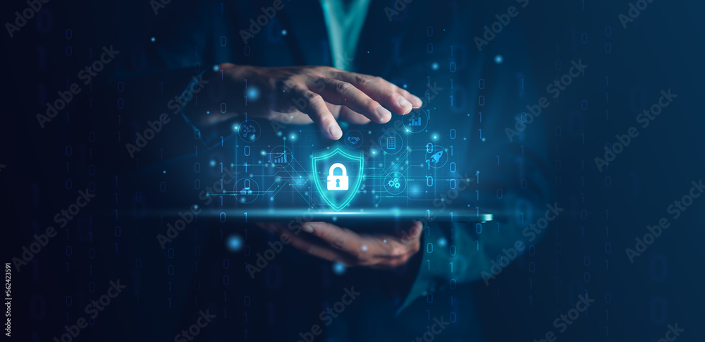 Aufkleber Cybersecurity and privacy concepts to protect data. Lock icon and internet network security technology. Businessman protecting personal data on tablet with virtual screen interfaces. cyber security.