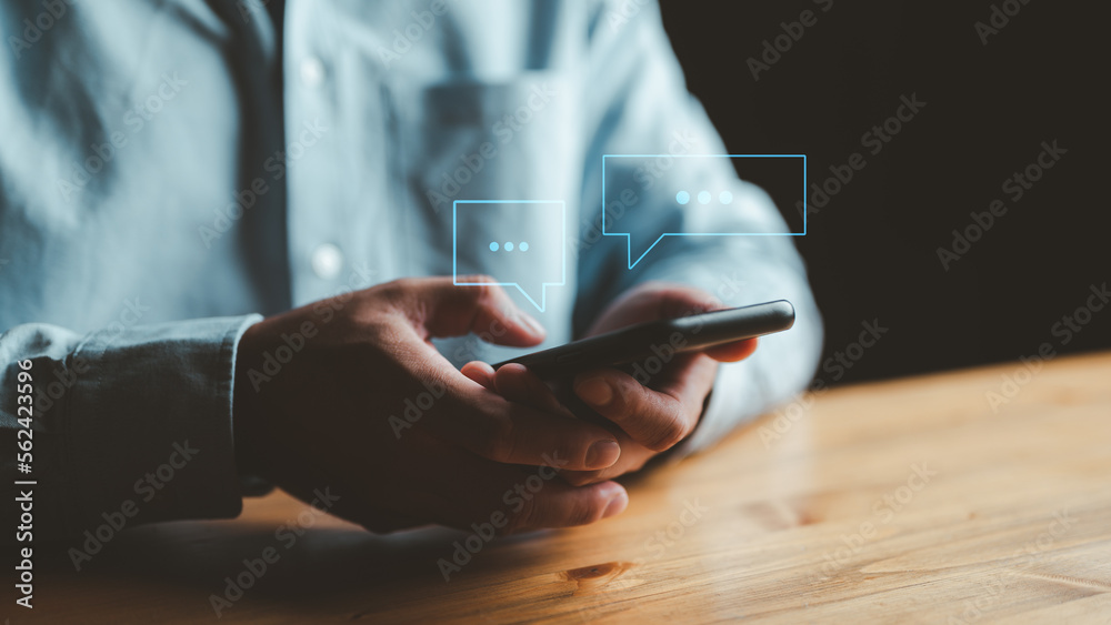 Poster businessman using smartphone typing live chat chatting and social network concepts, chatting convers