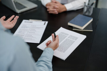 Successful job interview, Recruiter or manager and job candidate with resume in office