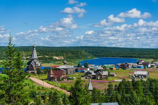 Village and river Varzuga Kola peninsula. Murmansk region