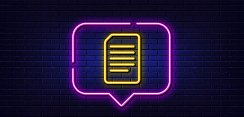 Neon light speech bubble. Document Management line icon. Information File sign. Paper page concept symbol. Neon light background. Document glow line. Brick wall banner. Vector