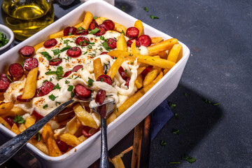 Pizza loaded french fries. Homemade Pepperoni and Cheese Pizza French Fries. Oven baked french fries potato casserole with cheese, pepperoni salami and herbs
