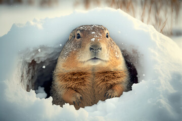 Happy Groundhog Day. Groundhog emerges from a snowy hole after hibernation. Generative AI illustration