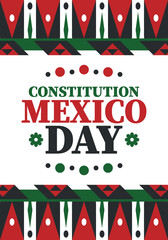 Mexico Constitution Day. National happy holiday, celebrated annual in February. Mexican pattern and colors. Patriotic elements. Festival design. Poster, card, banner and background. Vector