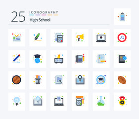 High School 25 Flat Color icon pack including online. speaker. file. sound. education