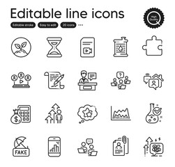 Set of Education outline icons. Contains icons as Employee result, Work home and Teamwork elements. Ranking stars, Fake news, Video conference web signs. Oil barrel, Finance calculator. Vector