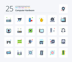 Computer Hardware 25 Flat Color icon pack including player. dvd. connection. disc. hardware