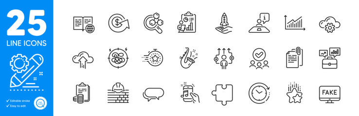 Outline icons set. Internet book, Cloud computing and Jazz icons. Cloud upload, Music phone, Puzzle web elements. Interview, Crowdfunding, Fake news signs. Messenger, Report, Build. Vector