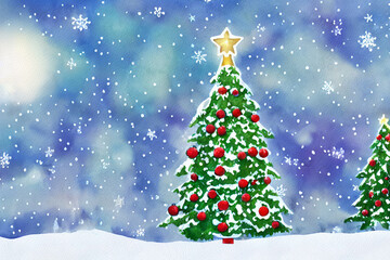 Fototapeta na wymiar beautiful snowy Christmas tree watercolor painting created with Generative AI technology
