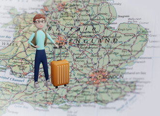 Backpacker with luggage stand on Britain map. Travel and tourism concept. 3D cartoon character illustration on map.