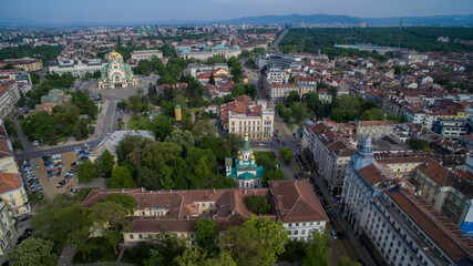 Fototapeta na wymiar Aerial photo of city center Sofia with the Russian church St. Nikolay in the middle, Sofia, Bulgaria