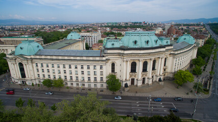 Fototapeta na wymiar Drone photo of the building of Sofia University St. Clement Ohridsky, Sofia, Bulgaria