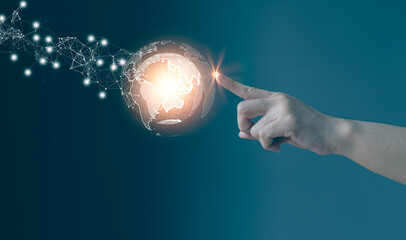 businessman holding Global network connection. Big data analytics and business intelligence concept. World map point and line composition concept of global business. Digital link tech.