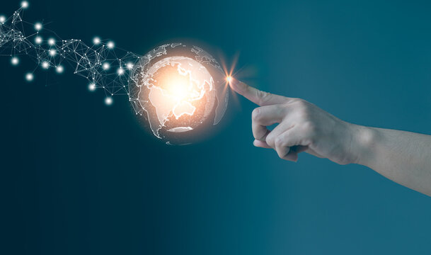 businessman holding Global network connection. Big data analytics and business intelligence concept. World map point and line composition concept of global business. Digital link tech.