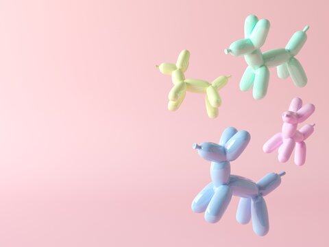 Party dog made from balloons. Abstract dogs floating. Fantasy animal balloon dog. 3d render illustration isolated on pastel pink background, minimal banner for kids center, baby fun 