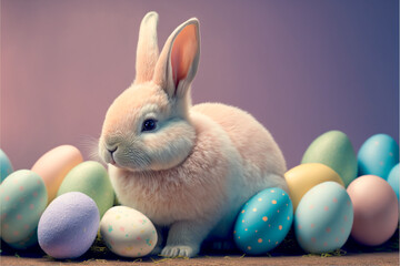 Little cute Easter bunny with eggs Generative AI