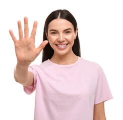 Obraz na płótnie Canvas Happy woman giving high five on white background