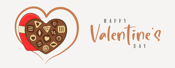 Happy Valentine's Day, lettering. Chocolate candy with heart-shaped box. Cartoon. Vector illustration