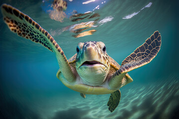 Sea turtle swimming in the Ocean, Digital Illustration, Concept Art. Generative AI