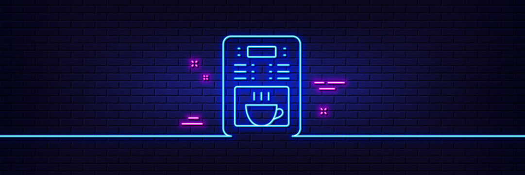 Neon light glow effect. Coffee maker line icon. Vending machine sign. Make tea symbol. 3d line neon glow icon. Brick wall banner. Coffee maker outline. Vector