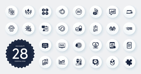 Set of Science icons, such as Recovery data, File and 360 degrees flat icons. Education, Local grown, Chemistry lab web elements. Cogwheel, Augmented reality, Money currency signs. Vector