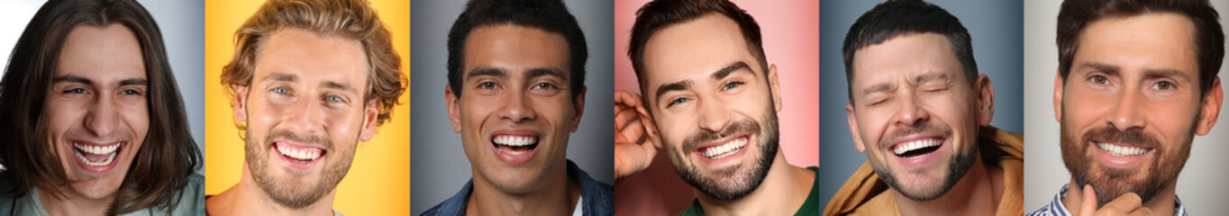 Obraz premium Collage with portraits of happy men on different color backgrounds