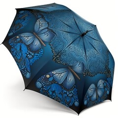 blue butterfly pattern umbrella for rainy weather flowers black drop of water white background patterned design 