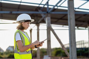 Civil Engineer women in safety suite use a digital tablet to work inspection and quality control on construction site .contractor and developer real estate concept