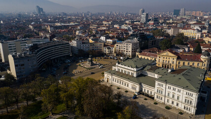 Aerial view of the building of the Bulgarian Parliament and the monument of Tsar Liberator, Sofia, Bulgaria