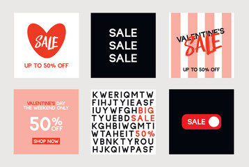 Sales promotion on Valentine's Day. Valentine's Day square templates. Social media post with hearts. Vector illustration for greeting card, mobile apps, banner design and web ads